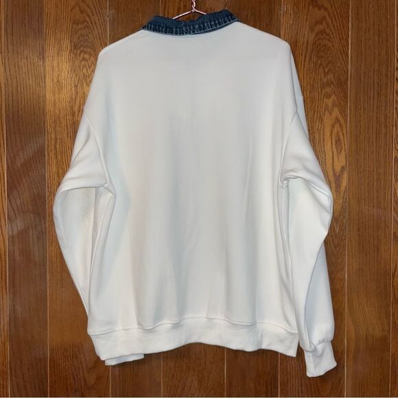 Aelfric Eden Denim Lapel 1/4 Zip Sweatshirt Star front EUC White/Pink SZ XL - Picture 2 of 9